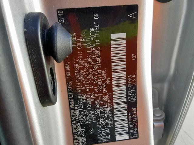 5TDZA3EH7BS010559 - 2011 TOYOTA HIGHLANDER SILVER photo 10