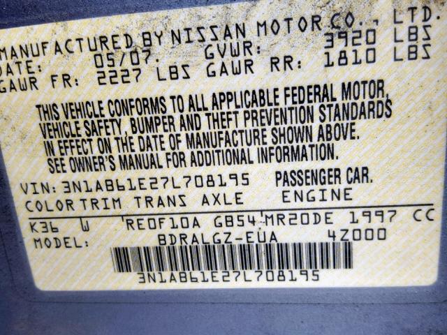 3N1AB61E27L708195 - 2007 NISSAN SENTRA 2.0 SILVER photo 10