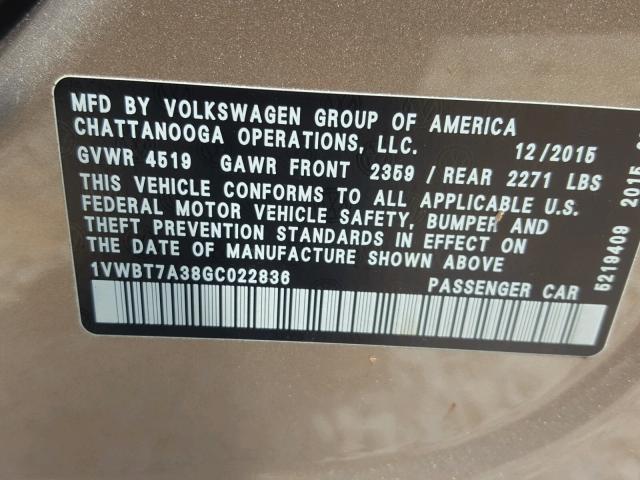 1VWBT7A38GC022836 - 2016 VOLKSWAGEN PASSAT SE GOLD photo 10