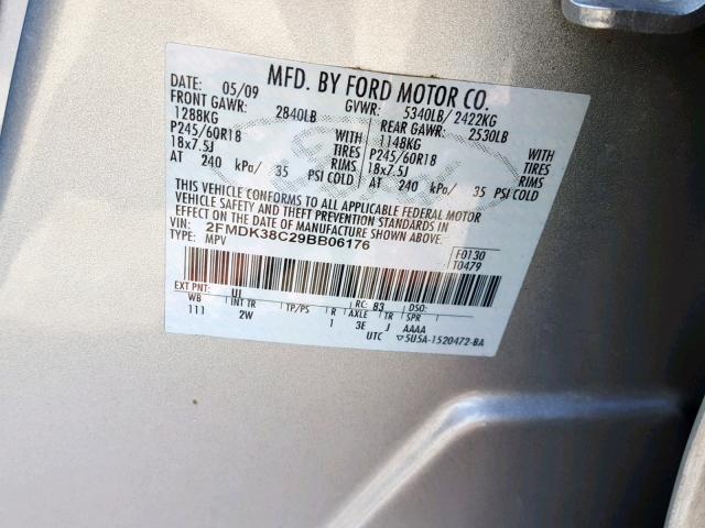 2FMDK38C29BB06176 - 2009 FORD EDGE SEL SILVER photo 10