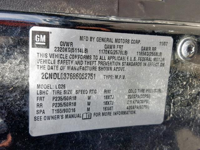 2CNDL037686052751 - 2008 CHEVROLET EQUINOX SP BLACK photo 10