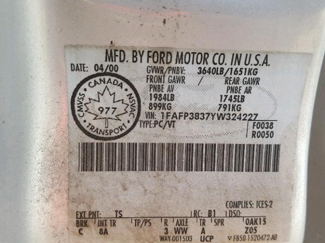 1FAFP3837YW324227 - 2000 FORD FOCUS ZTS SILVER photo 10