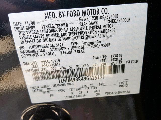 1LNHM93R49G625121 - 2009 LINCOLN MKS BLACK photo 10