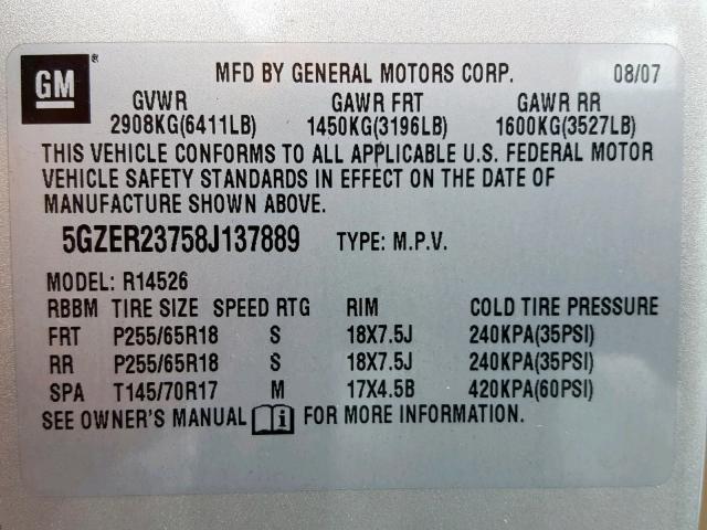 5GZER23758J137889 - 2008 SATURN OUTLOOK XR GRAY photo 10