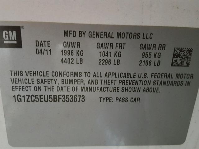 1G1ZC5EU5BF353673 - 2011 CHEVROLET MALIBU 1LT 白色 照片 10