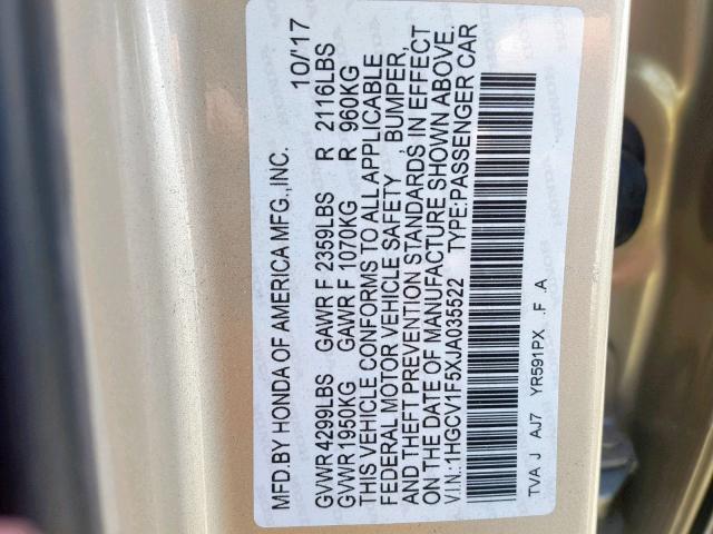 1HGCV1F5XJA035522 - 2018 HONDA ACCORD EXL GOLD photo 10