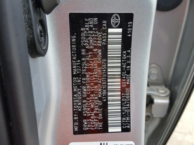 4T1BK1EB7FU145679 - 2015 TOYOTA AVALON XLE SILVER photo 10