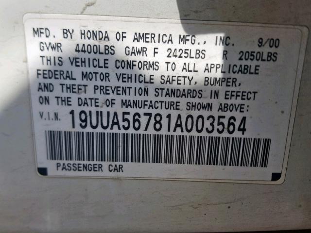 19UUA56781A003564 - 2001 ACURA 3.2TL WHITE photo 10