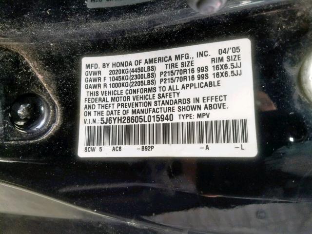 5J6YH28605L015940 - 2005 HONDA ELEMENT EX BLACK photo 10