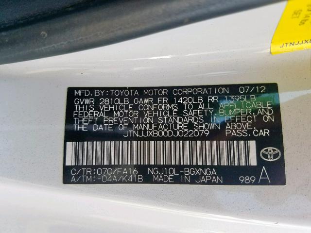 JTNJJXB00DJ022079 - 2013 TOYOTA SCION IQ WHITE photo 10