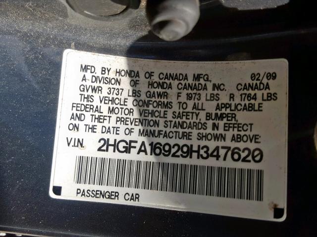 2HGFA16929H347620 - 2009 HONDA CIVIC EXL GRAY photo 10