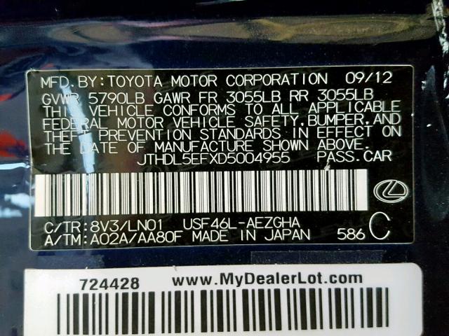 JTHDL5EFXD5004955 - 2013 LEXUS LS 460L BLUE photo 10