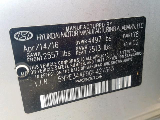 5NPE34AF9GH427343 - 2016 HYUNDAI SONATA SPO SILVER photo 10