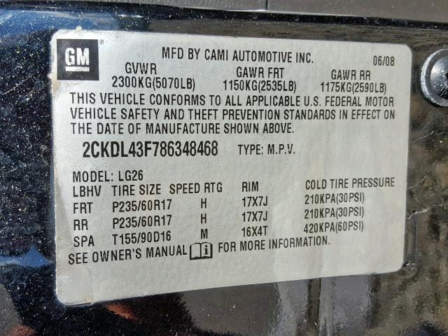 2CKDL43F786348468 - 2008 PONTIAC TORRENT BLUE photo 10