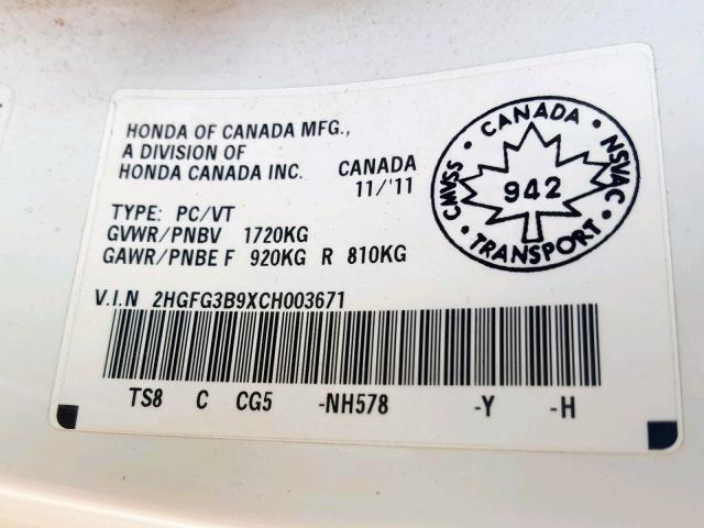 2HGFG3B9XCH003671 - 2012 HONDA CIVIC EXL 白色 照片 10