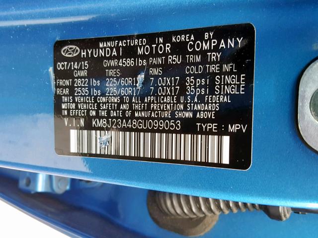 KM8J23A48GU099053 - 2016 HYUNDAI TUCSON SE BLUE photo 10