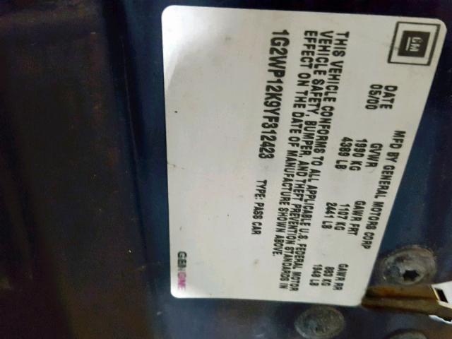 1G2WP12K9YF312423 - 2000 PONTIAC GRAND PRIX BLUE photo 10