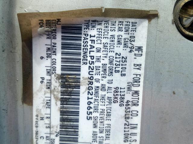 1FALP52U9RG216655 - 1994 FORD TAURUS GL BLUE photo 10