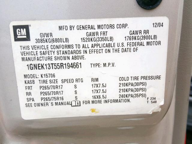 1GNEK13T55R194661 - 2005 CHEVROLET TAHOE K150 TAN photo 10