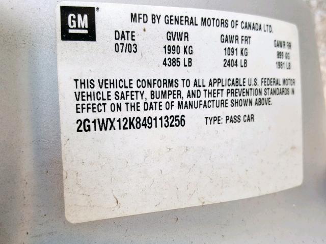 2G1WX12K849113256 - 2004 CHEVROLET MONTE CARL SILVER photo 10