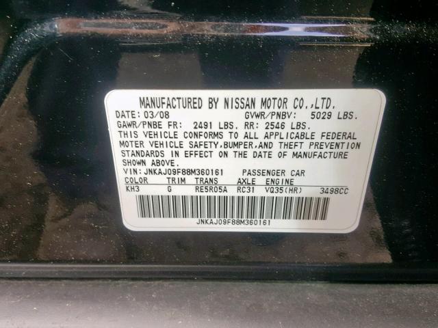JNKAJ09F88M360161 - 2008 INFINITI EX35 BASE BLACK photo 10