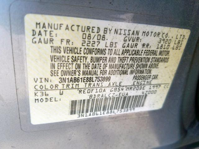 3N1AB61E88L753899 - 2008 NISSAN SENTRA 2.0 GRAY photo 10