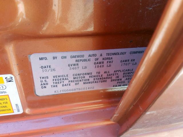 KL1TD56687B101402 - 2007 CHEVROLET AVEO BASE Narıncı foto 10
