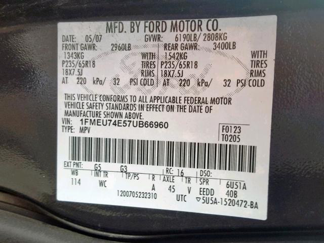 1FMEU74E57UB66960 - 2007 FORD EXPLORER E BLUE photo 10