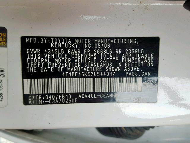 4T1BE46K57U544017 - 2007 TOYOTA CAMRY NEW WHITE photo 10