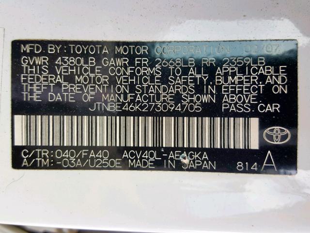 JTNBE46K273094705 - 2007 TOYOTA CAMRY NEW WHITE photo 10