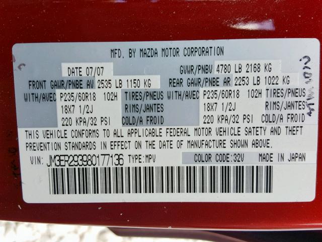 JM3ER293980177136 - 2008 MAZDA CX-7 RED photo 10