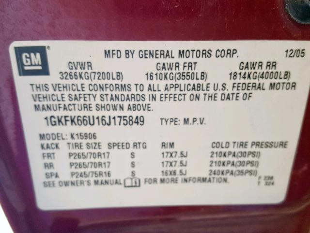 1GKFK66U16J175849 - 2006 GMC YUKON XL D BURGUNDY photo 10