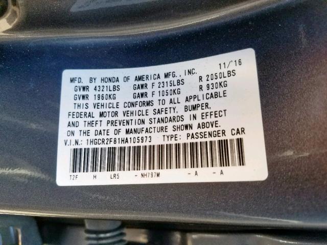 1HGCR2F81HA105973 - 2017 HONDA ACCORD EXL SILVER photo 10