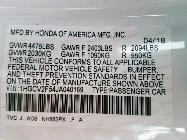 1HGCV2F54JA040169 - 2018 HONDA ACCORD EXL WHITE photo 10