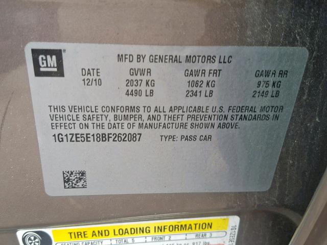 1G1ZE5E18BF262087 - 2011 CHEVROLET MALIBU LTZ 灰色 照片 10