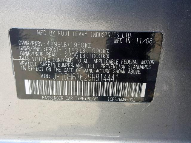 JF1GH63629H814441 - 2009 SUBARU IMPREZA OU GRAY photo 10