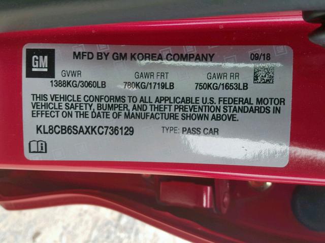 KL8CB6SAXKC736129 - 2019 CHEVROLET SPARK LS PINK photo 10