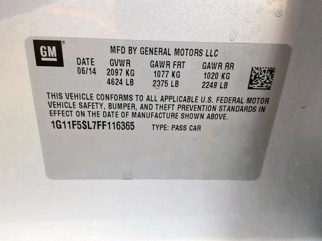 1G11F5SL7FF116365 - 2015 CHEVROLET MALIBU LTZ 银色 照片 10