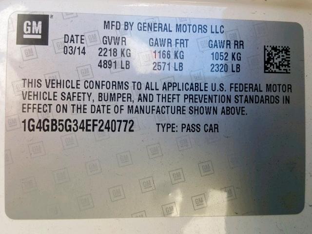 1G4GB5G34EF240772 - 2014 BUICK LACROSSE WHITE photo 10