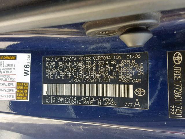 JTKDE177260117401 - 2006 TOYOTA SCION TC BLUE photo 10