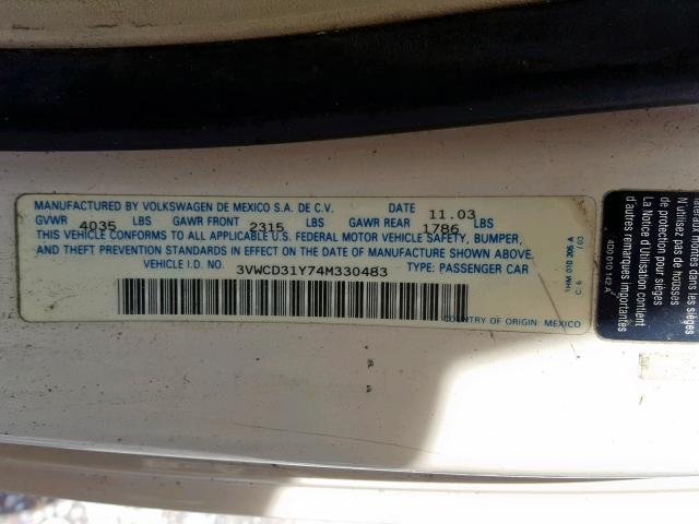 3VWCD31Y74M330483 - 2004 VOLKSWAGEN NEW BEETLE BEIGE photo 10