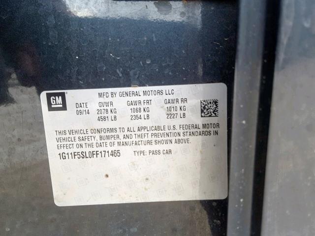 1G11F5SL0FF171465 - 2015 CHEVROLET MALIBU LTZ ნაცრისფერი ფოტო 10