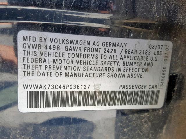 WVWAK73C48P036127 - 2008 VOLKSWAGEN PASSAT KOM BLACK photo 10