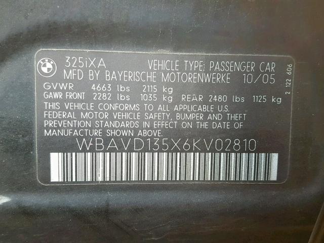 WBAVD135X6KV02810 - 2006 BMW 325 XI BLACK photo 10