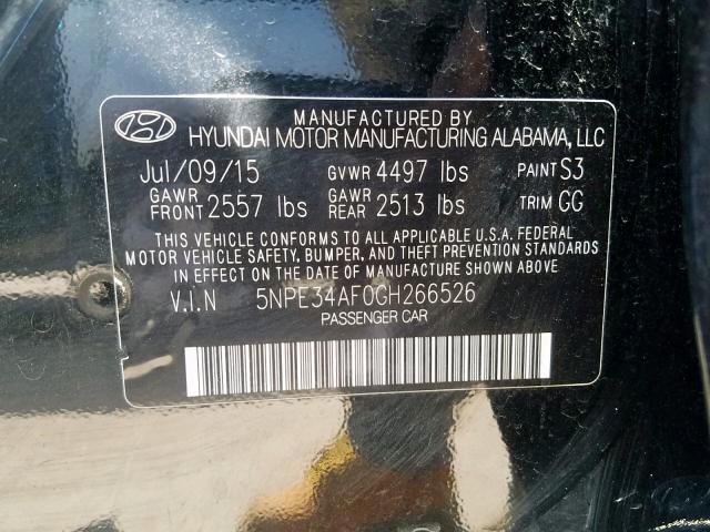 5NPE34AF0GH266526 - 2016 HYUNDAI SONATA SPO BLACK photo 10