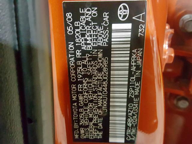 JTKKU10448J028985 - 2008 SCION XD ORANGE photo 10