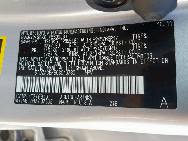 5TDZA3EH5CS019780 - 2012 TOYOTA HIGHLANDER SILVER photo 10