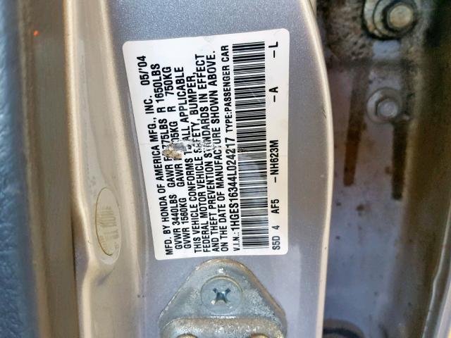 1HGES16344L024217 - 2004 HONDA CIVIC DX V SILVER photo 10