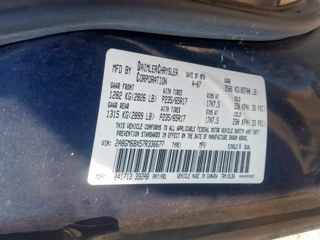 2A8GM68X57R336677 - 2007 CHRYSLER PACIFICA T BLUE photo 10