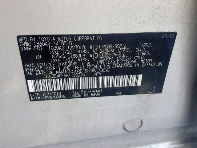 JTLZE4FE5B1125225 - 2011 TOYOTA SCION XB 银色 照片 10